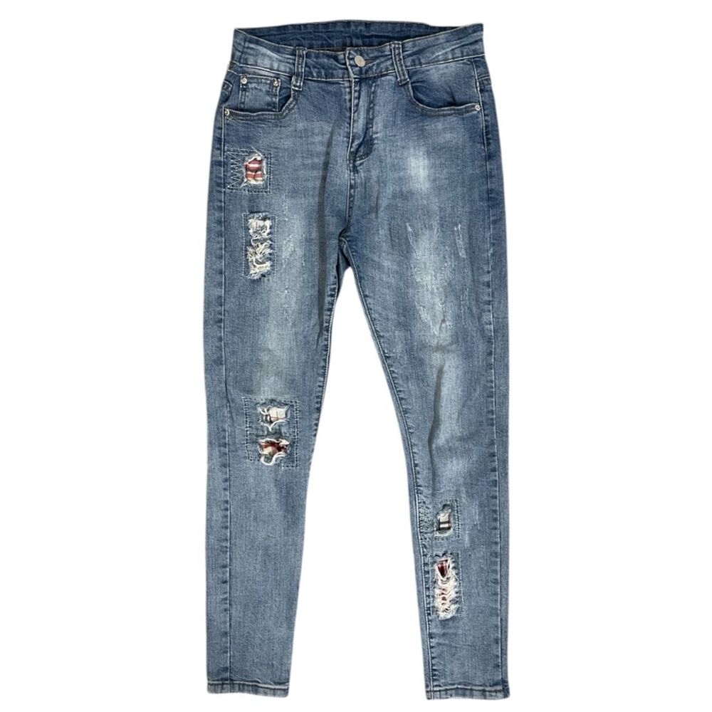 Distressed Slim Fit Jeans Ripped Denim Blue Streetwear Y2K Style